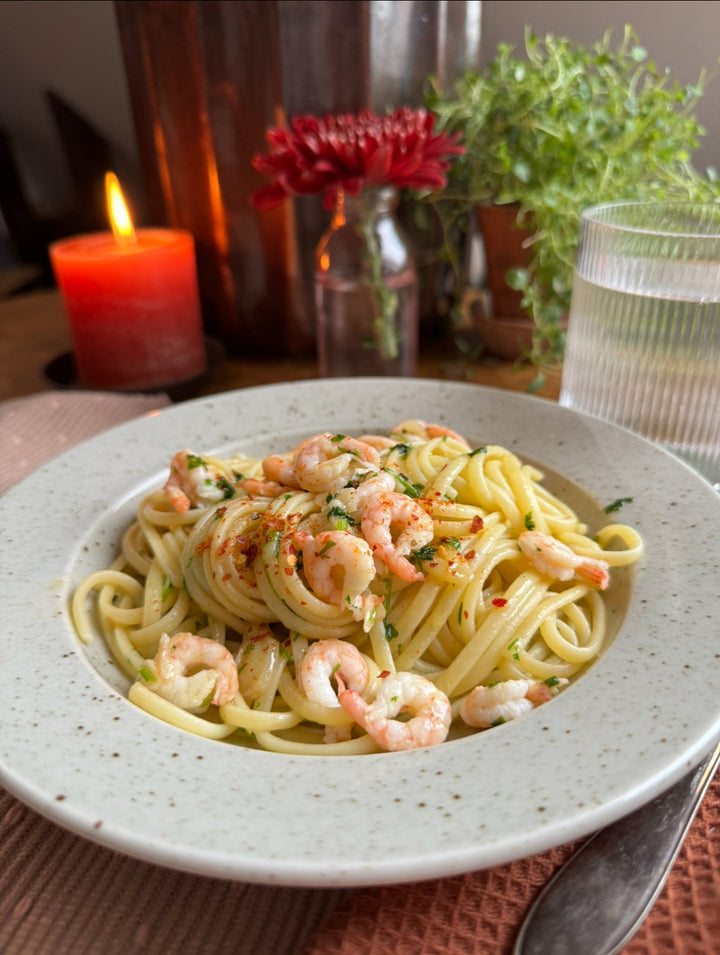 Aglio e olio med räkor