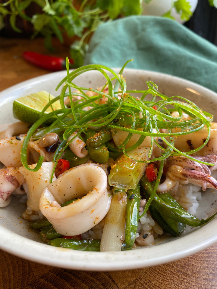 Wokad babysquid med ris
